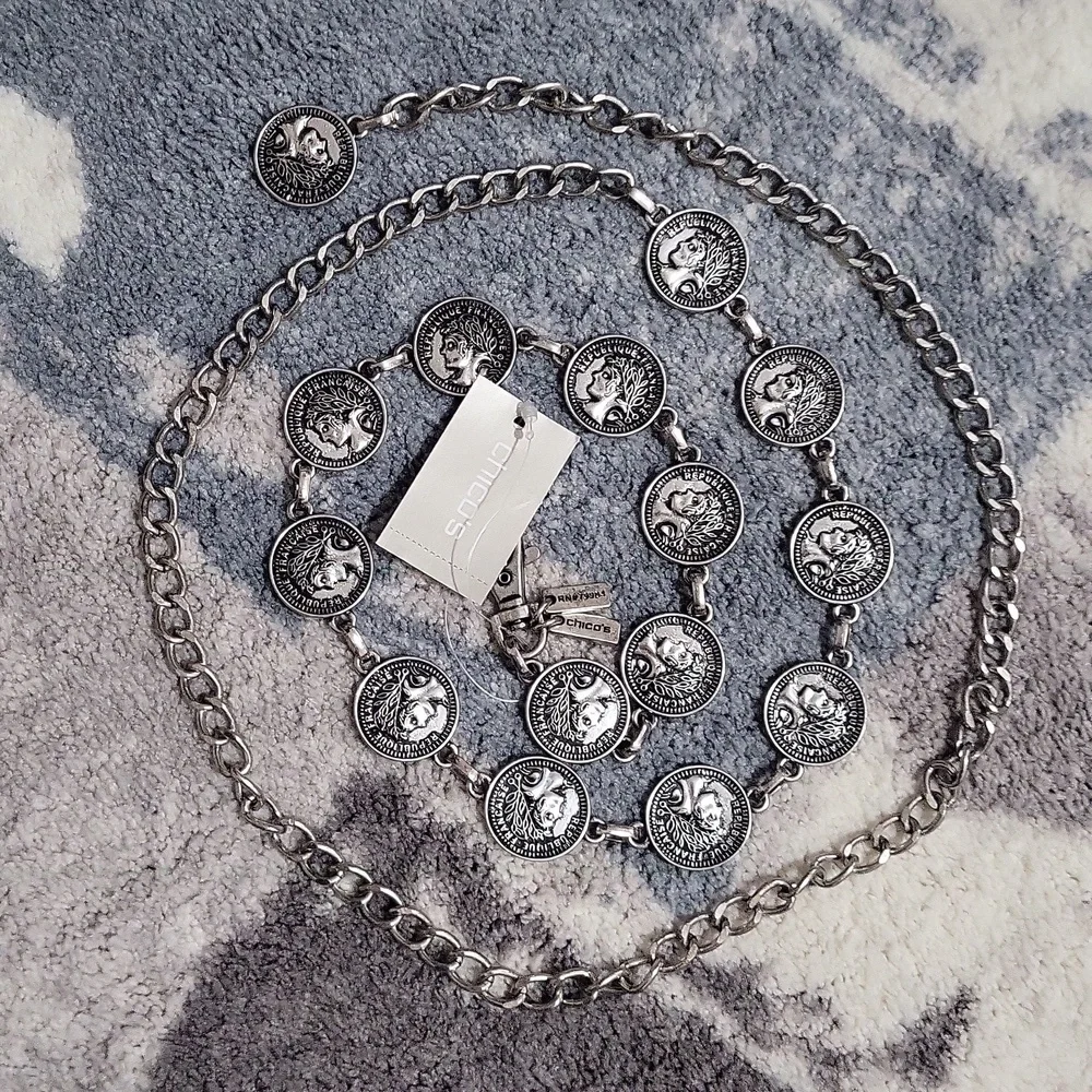 Chico's Messina Silver Metal Coin Medallion Chain Link Belt